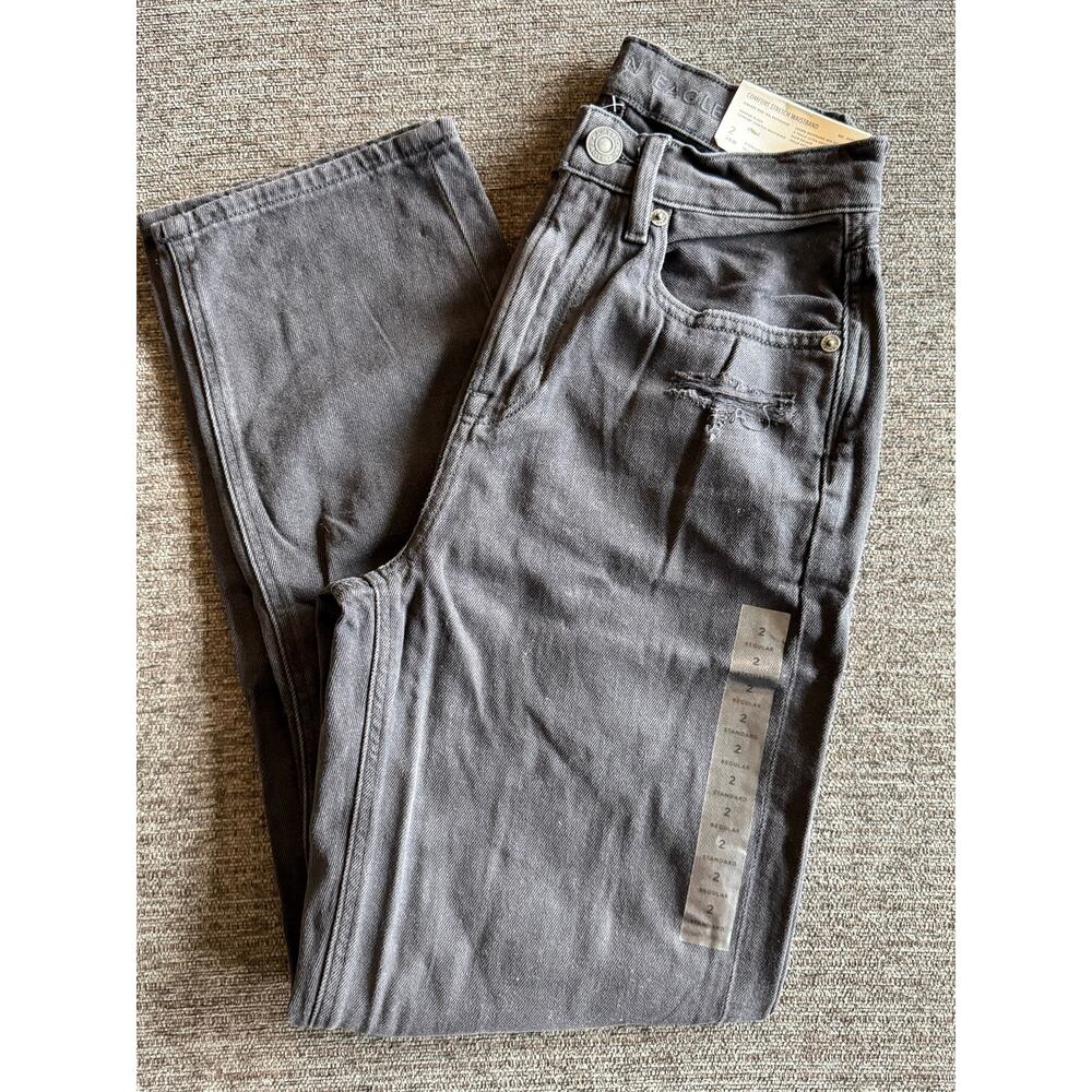 NWT American Eagle High Rise 90s Boyfriend Black Jeans Distressed Sz 2 Stretch